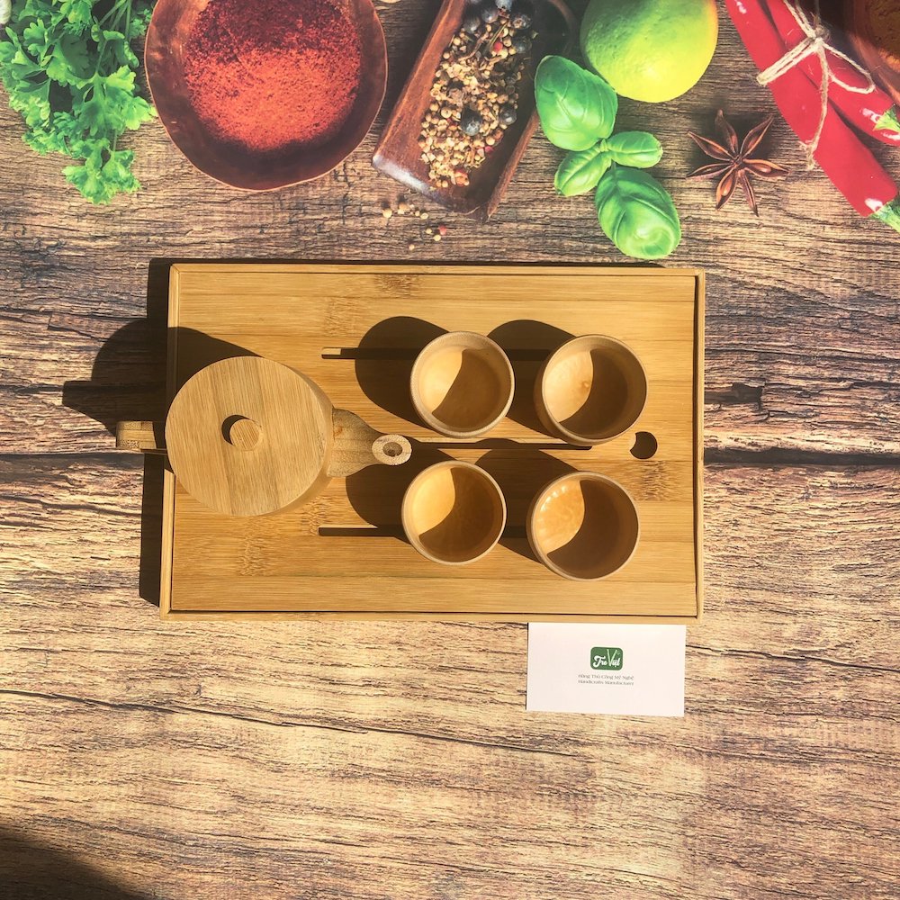 Bộ Khay Trà Bằng Tre Đẹp Mộc Mạc - Bộ Ấm Trà Tre