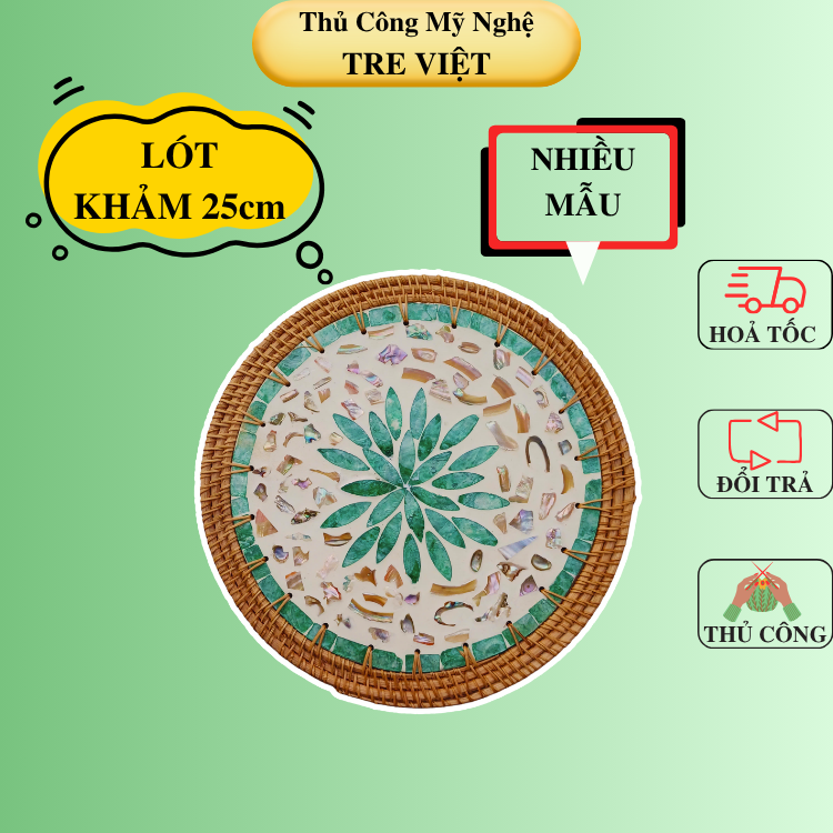 Tấm lót khảm trai viền mây 25cm lót bình hoa/ lót nồi/ treo tường trang trí decor - Rattan Placemat