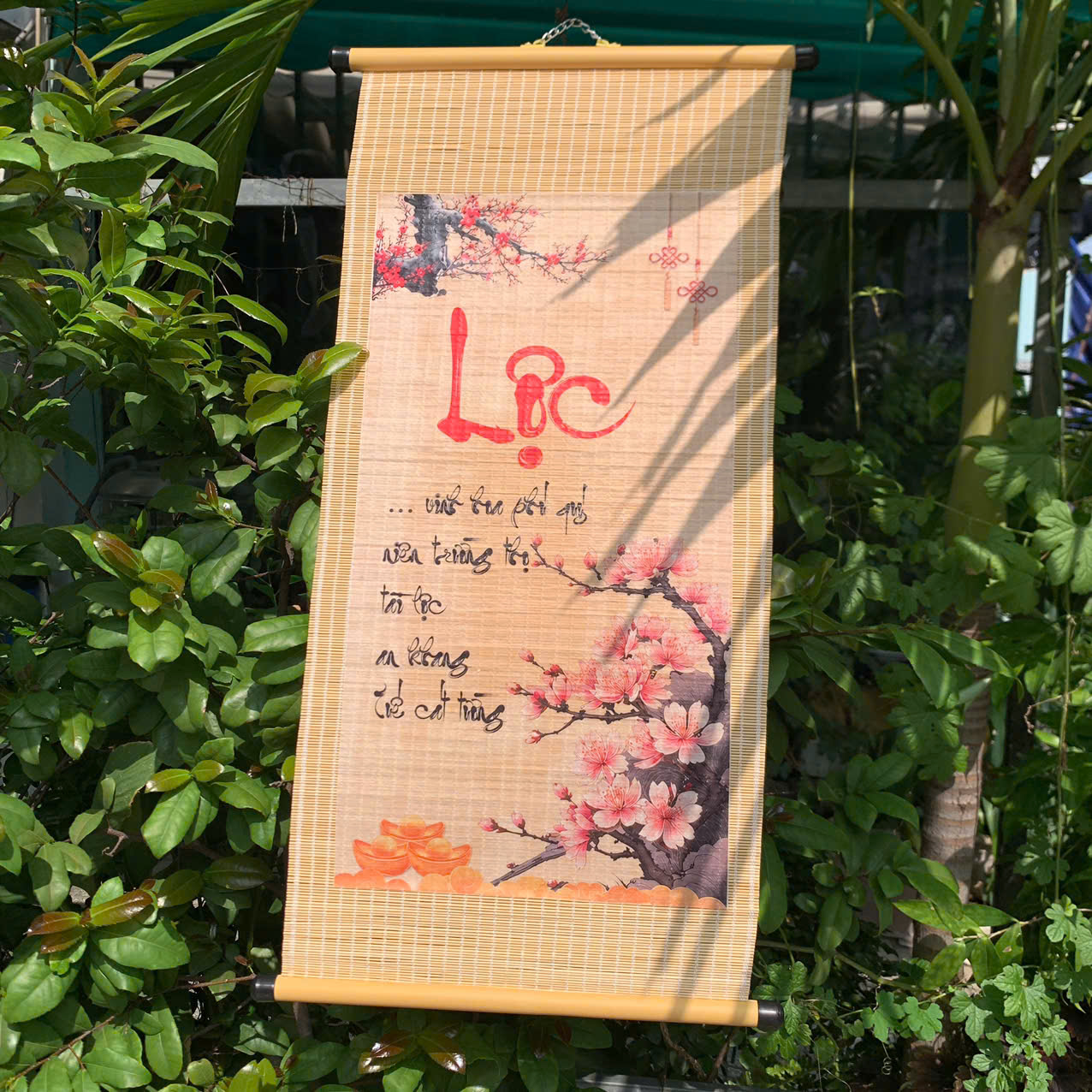 Mành tre dán câu đối SẴN - Mành tăm tre trang trí Tết decor (có ống treo)
