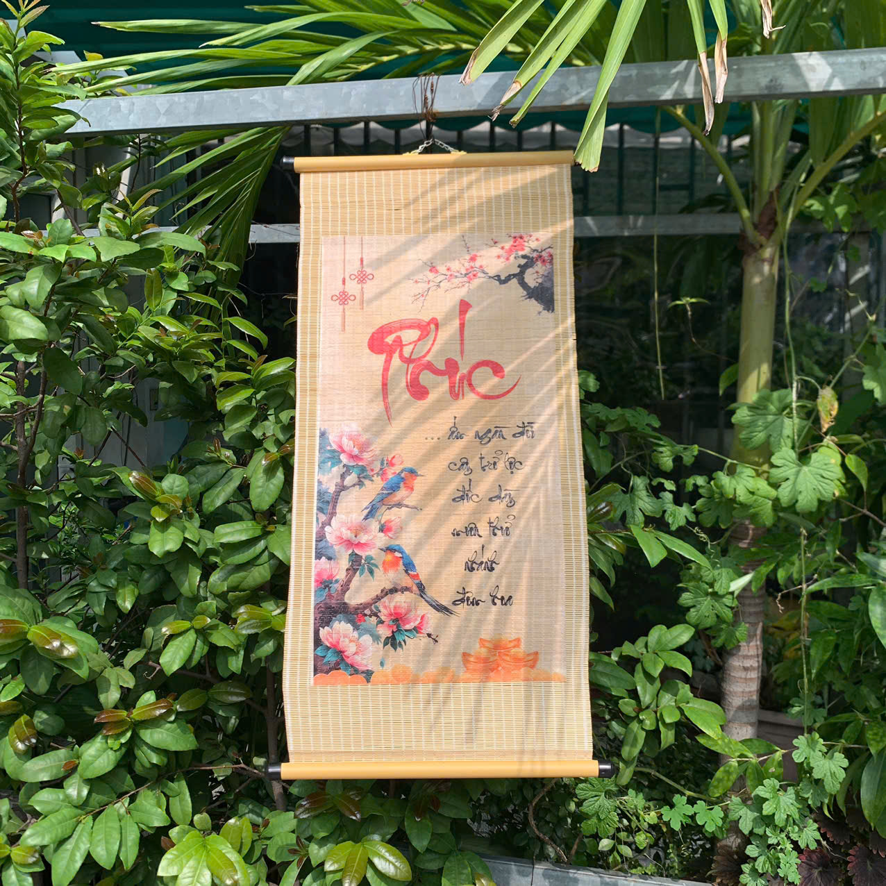 Mành tre dán câu đối SẴN - Mành tăm tre trang trí Tết decor (có ống treo)