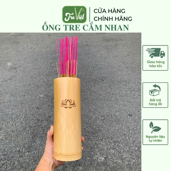 Ống đựng nhang bằng tre - Ống tre cắm nhang đẹp có khắc hoa sen