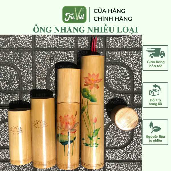 Ống đựng nhang bằng tre - Ống tre cắm nhang đẹp có khắc hoa sen