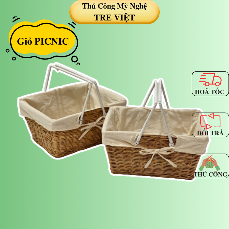 Giỏ Picnic Mây có quai có lót vải - Giỏ Mây Đi Du Lịch, Dã Ngoại để Chụp Ảnh/ Trang Trí