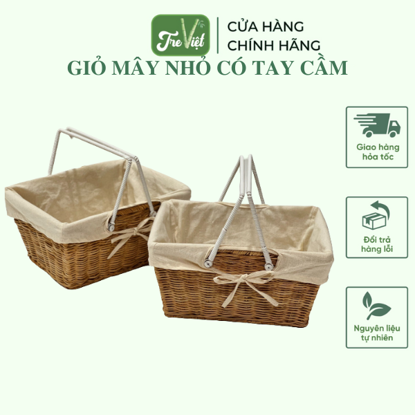 Giỏ Picnic Mây có quai có lót vải - Giỏ Mây Đi Du Lịch, Dã Ngoại để Chụp Ảnh/ Trang Trí
