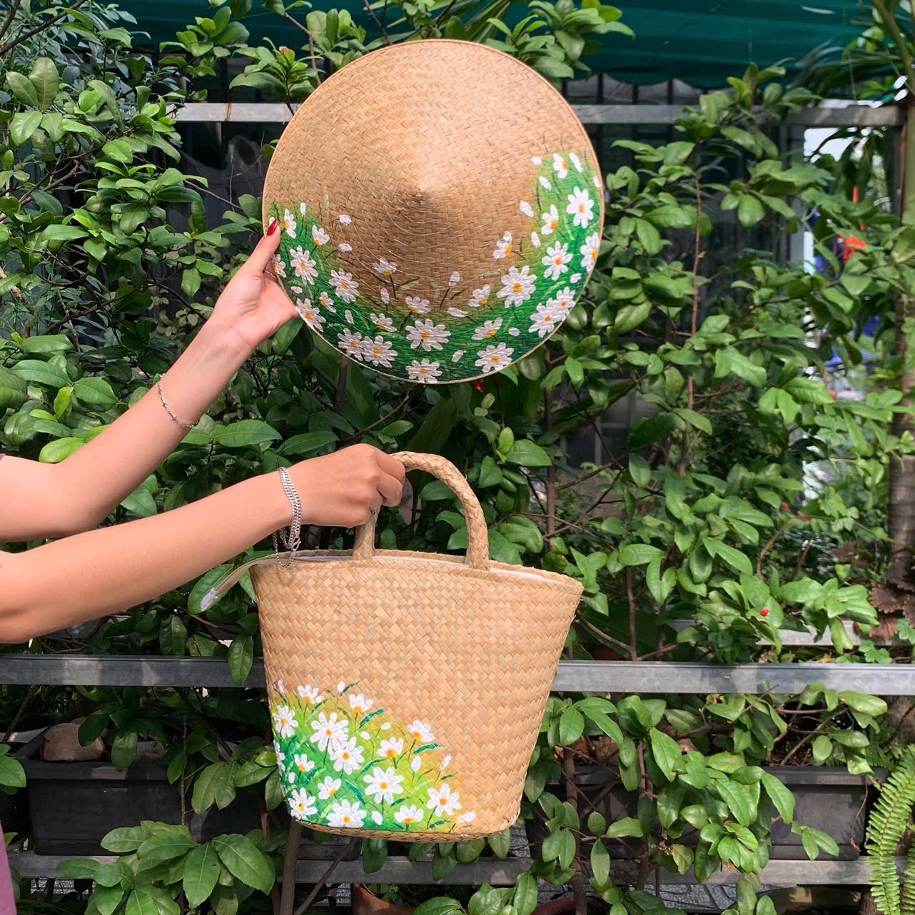 Set Nón Cỏ Bàng và Túi Xách Cầm Tay Vẽ Hoa Handmade