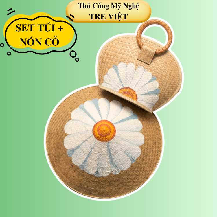 Set Nón Cỏ Bàng và Túi Xách Cầm Tay Vẽ Hoa Handmade