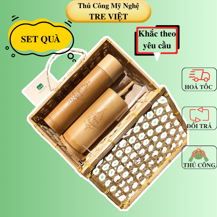Bộ quà tặng doanh nghiệp khắc logo - Bình Giữ Nhiệt + Ly Tre 18cm