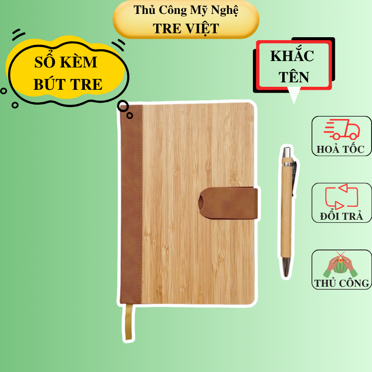 Sổ tay da bìa tre tặng kèm bút bi tre khắc tên theo yêu cầu làm quà tặng