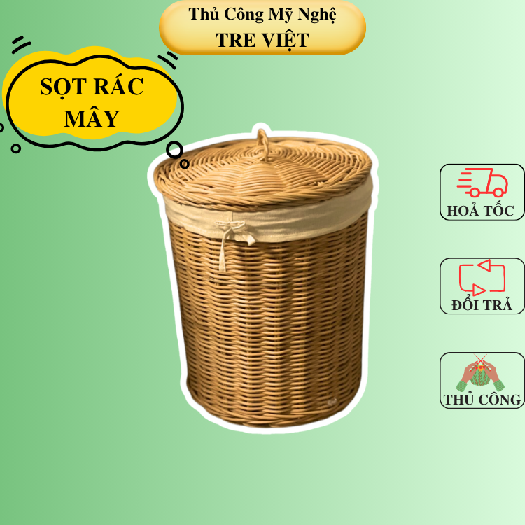 Thùng Sọt Mây - Thùng Rác Mây để toilet có lót nắp và lót vải