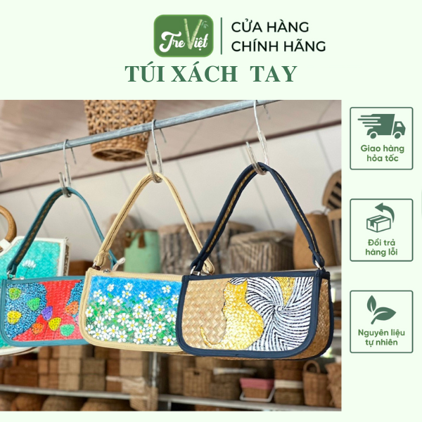 Túi xách tay cỏ bàng có viền vẽ hoạ tiết đẹp mắt