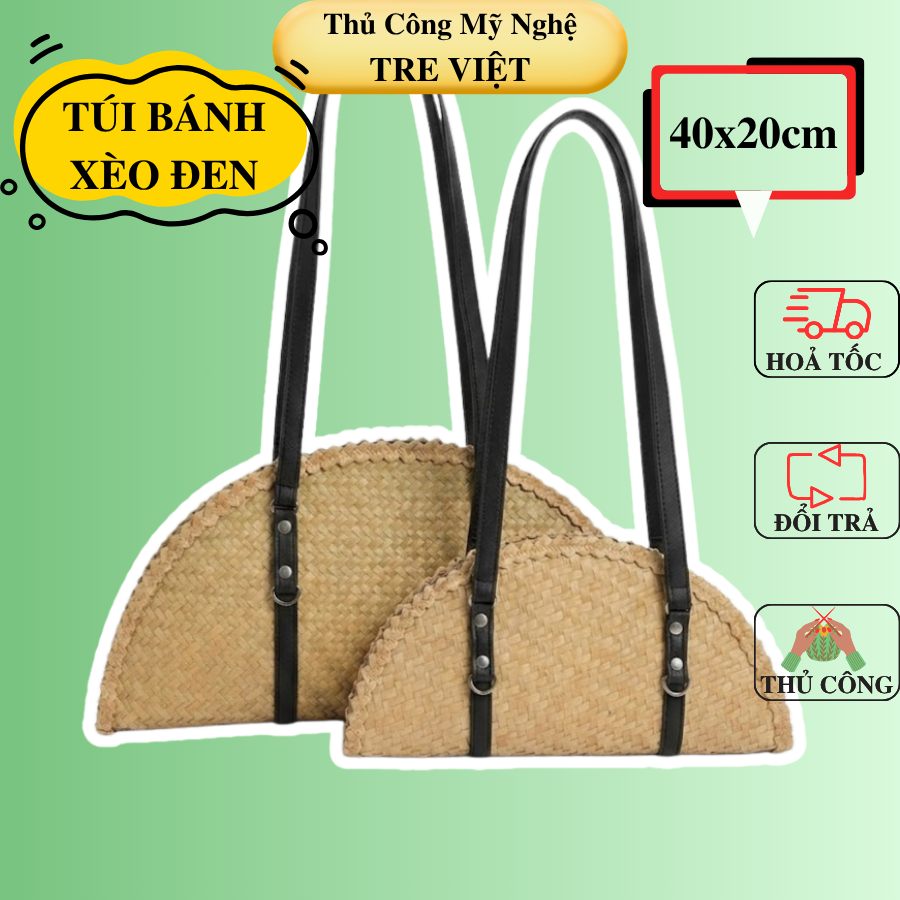 Túi Bánh Xèo Cỏ Bàng - Túi Cói Hình bán nguyệt đeo vai quai da