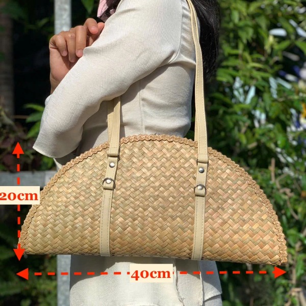 Túi Bánh Xèo Cỏ Bàng - Túi Cói Hình bán nguyệt đeo vai quai da