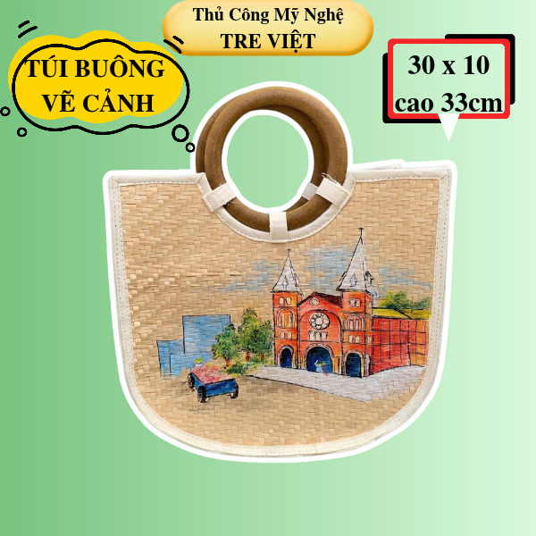 Túi xách quai gỗ lá buông vẽ phong cảnh