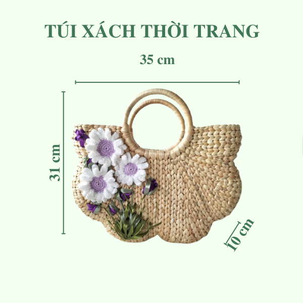 Giỏ xách lục bình thêu tay có lót vải và khoá kéo
