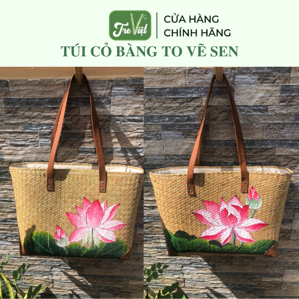 Túi Cỏ Bàng Đeo Vai Viền Da Vẽ Sen