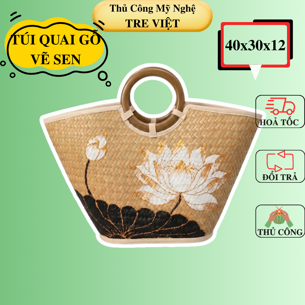 Túi xách quai gỗ vẽ hoa sen đẹp