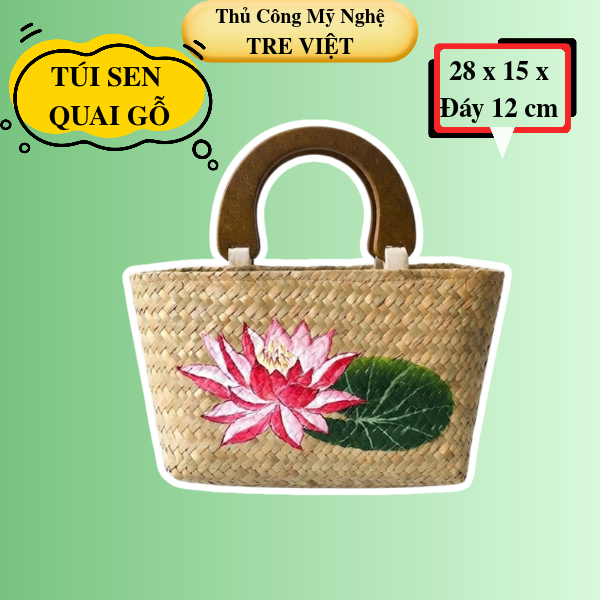 Túi Xách Cỏ Bàng Quai Gỗ Vẽ Sen Đeo Tay