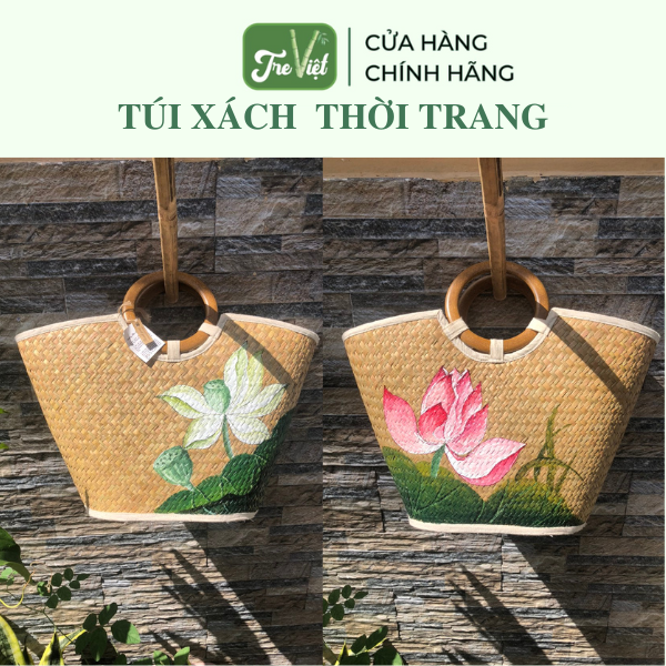 Túi xách quai gỗ vẽ hoa sen đẹp