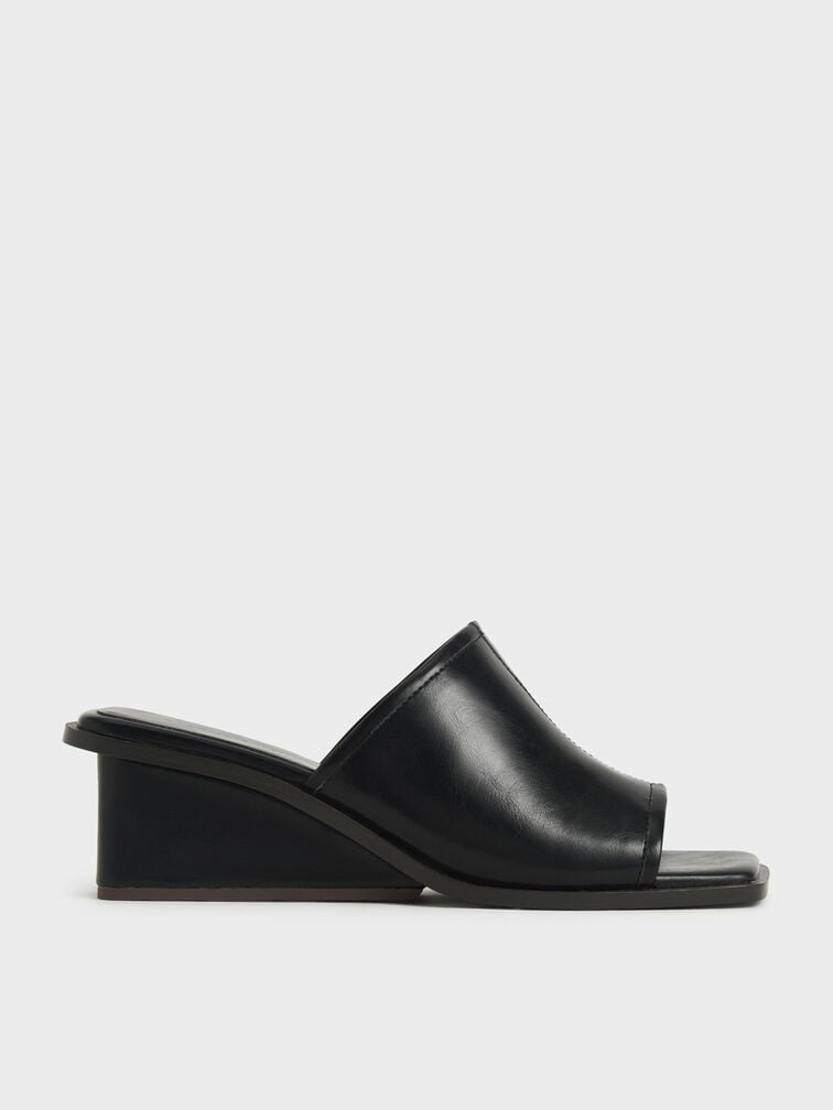 Dép Cao Gót Chính Hãng - Charles & Keith Square Toe Wedge Mules Black - 80580121-B