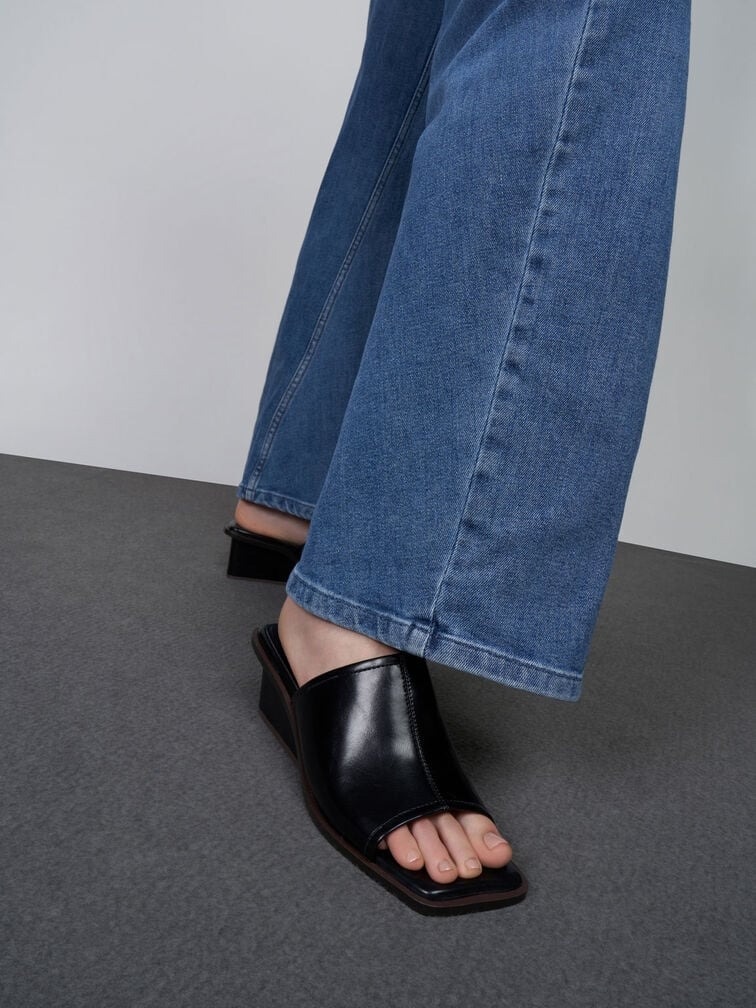 Dép Cao Gót Chính Hãng - Charles & Keith Square Toe Wedge Mules Black - 80580121-B