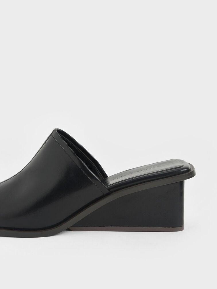 Dép Cao Gót Chính Hãng - Charles & Keith Square Toe Wedge Mules Black - 80580121-B