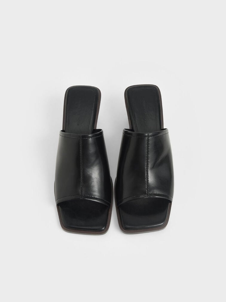 Dép Cao Gót Chính Hãng - Charles & Keith Square Toe Wedge Mules Black - 80580121-B
