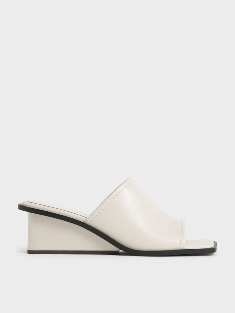 Dép Cao Gót Chính Hãng -  Charles & Keith Square Toe Wedge Mules Chalk - 80580121-C