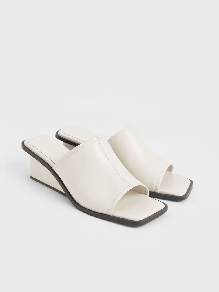 Dép Cao Gót Chính Hãng -  Charles & Keith Square Toe Wedge Mules Chalk - 80580121-C