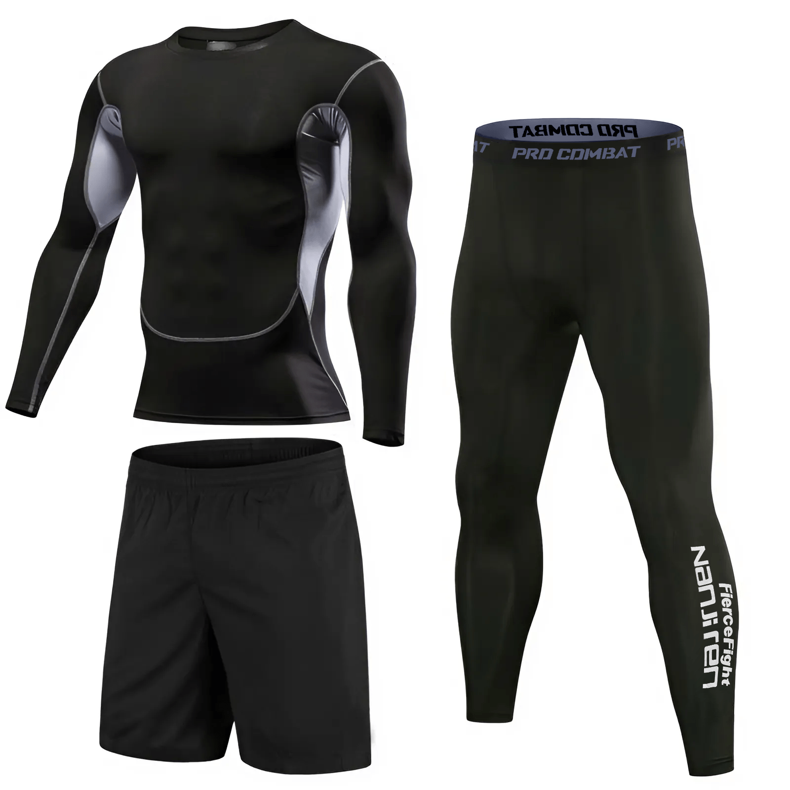 Bộ Thể Thao Chính Hãng - Bộ Pro Combat Training/Gym NANJIREN 3 Món (Set2) Đen Xám - NAN02