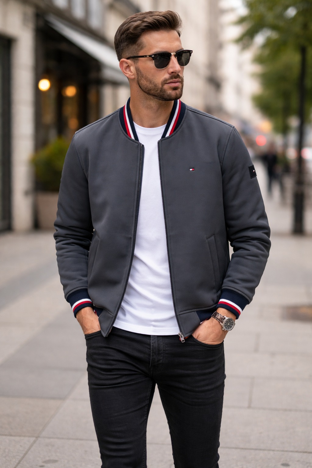 Áo Khoác Chính Hãng - Bomber Tommy Hilfiger Chống Nước Lót Nỉ 'Grey' - 159AP425-GRE