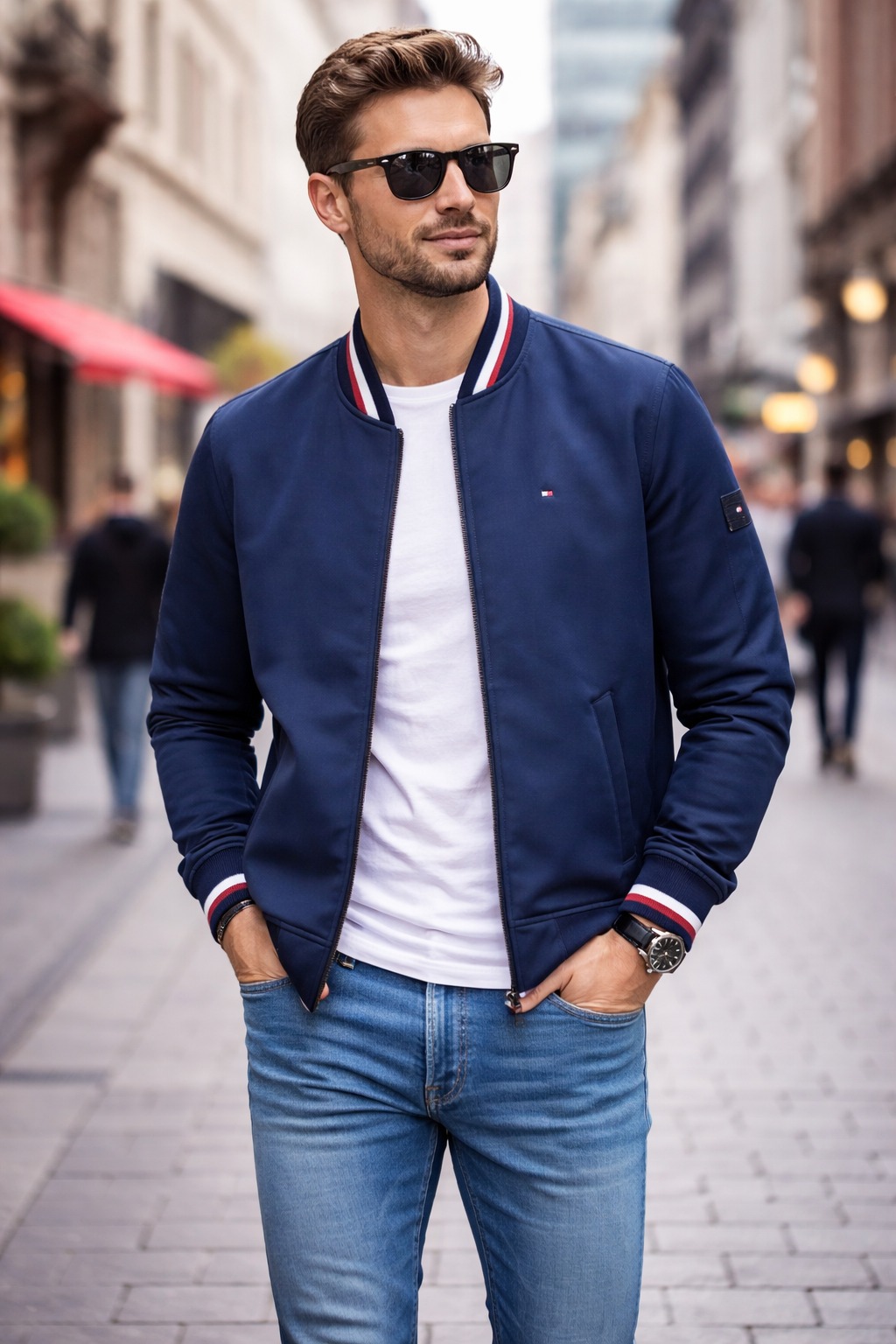 Áo Khoác Chính Hãng - Bomber Tommy Hilfiger Chống Nước Lót Nỉ 'Navy' - 159AP425-NVY