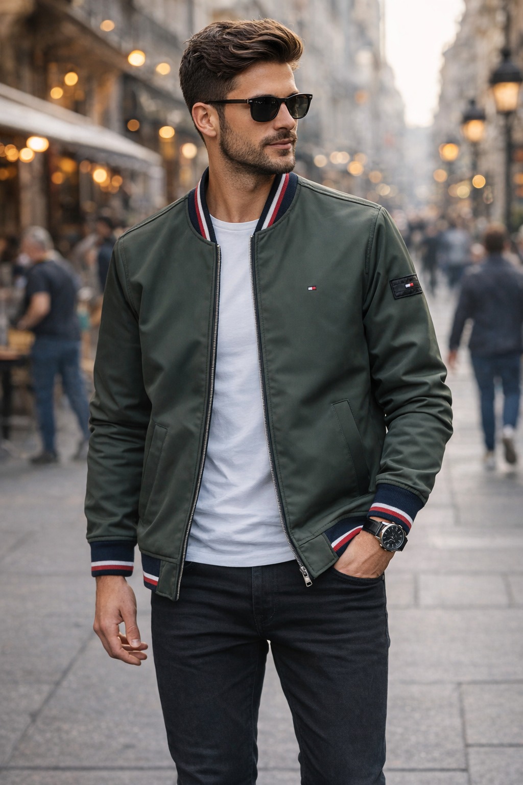 Áo Khoác Chính Hãng - Bomber Tommy Hilfiger Chống Nước Lót Nỉ 'Olive' - 159AP425-OLV