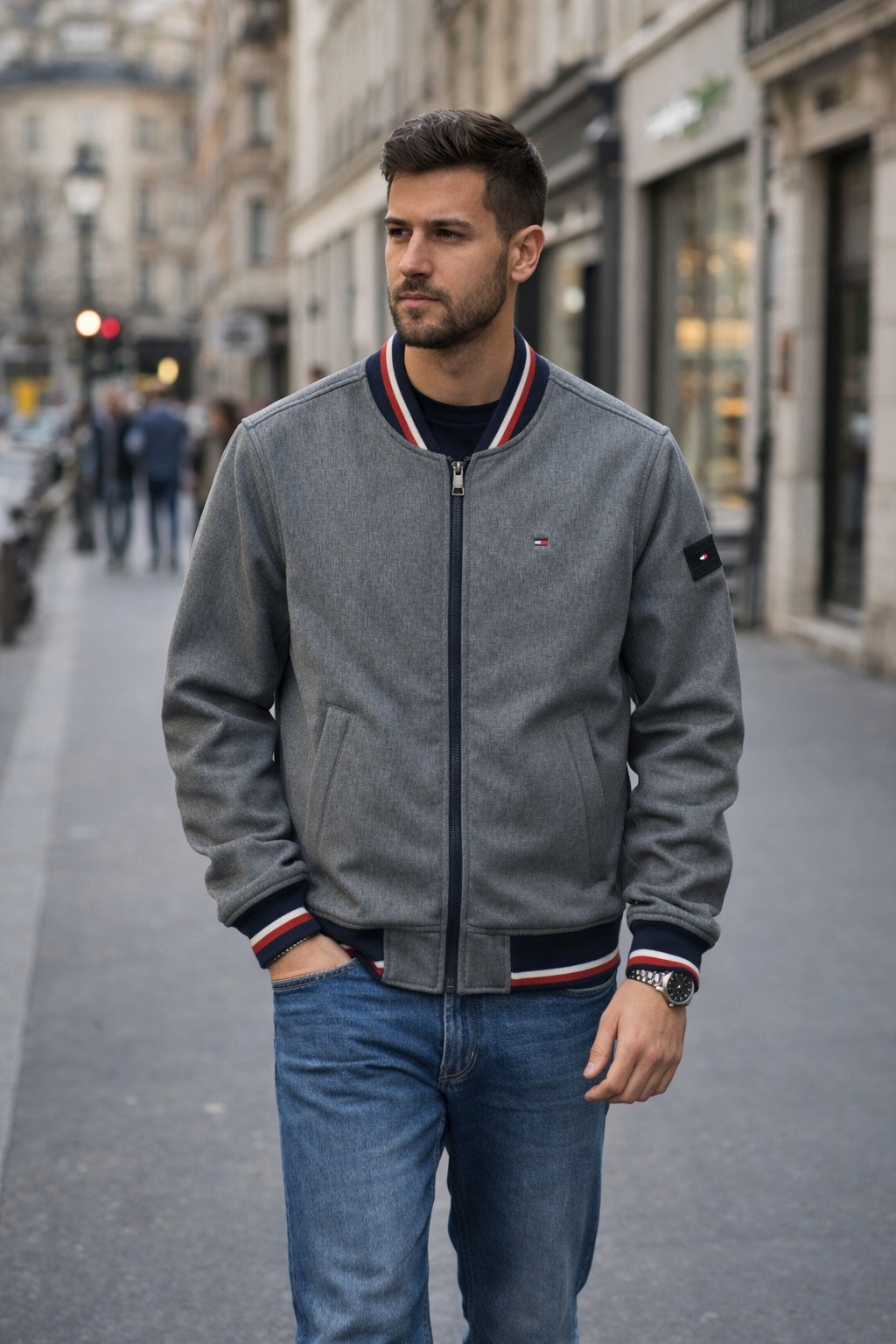 Áo Khoác Chính Hãng - Bomber Tommy Hilfiger Chống Nước Lót Nỉ 'Xám Nhạt' - 159AP425-LGR