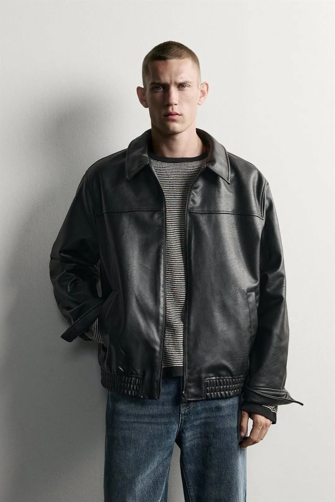 Áo Khoác Chính Hãng - Zara Relaxed Fit Leather Effect Zip-Up Jacket 