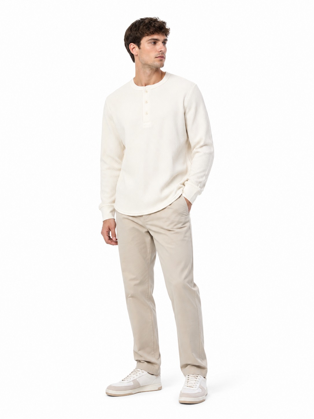 Áo Sweater Chính Hãng - Uniqlo Men's Waffle Henley Neck Long Sleeve Shirt 