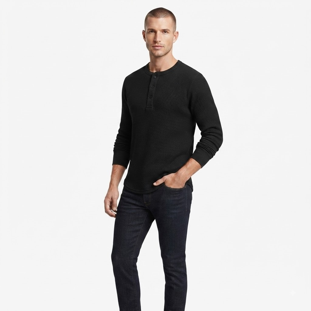 Áo Sweater Chính Hãng - Uniqlo Men's Waffle Henley Neck Long Sleeve Shirt 