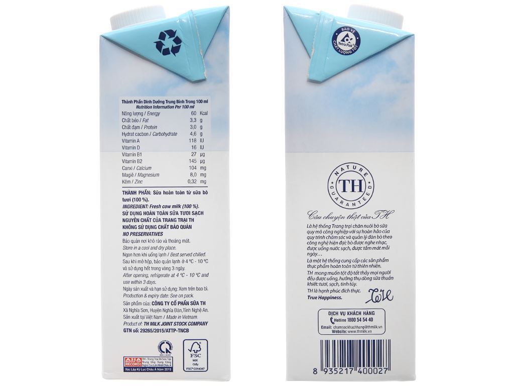Sữa tươi TH True Milk 1 lít - KHÔNG ĐƯỜNG