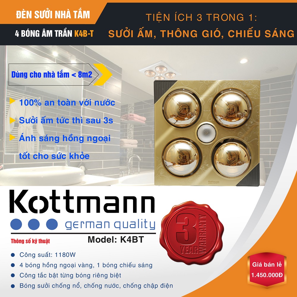 Đèn sưởi âm trần 4 bóng Kottmann dùng hộp công tắc (K4BT)