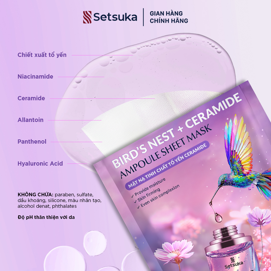 Setsuka Mặt nạ tinh chất Tổ Yến Ceramide giúp dưỡng ẩm, đều màu, săn chắc da, se khít lỗ chân lông 28ml/miếng