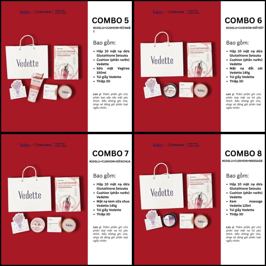 Quà tặng 20/10 COMBO QUÀ TẶNG 300K chăm sóc da mặt và trang điểm từ đa dạng thương hiệu Setsuka-Vedette-Vegtree