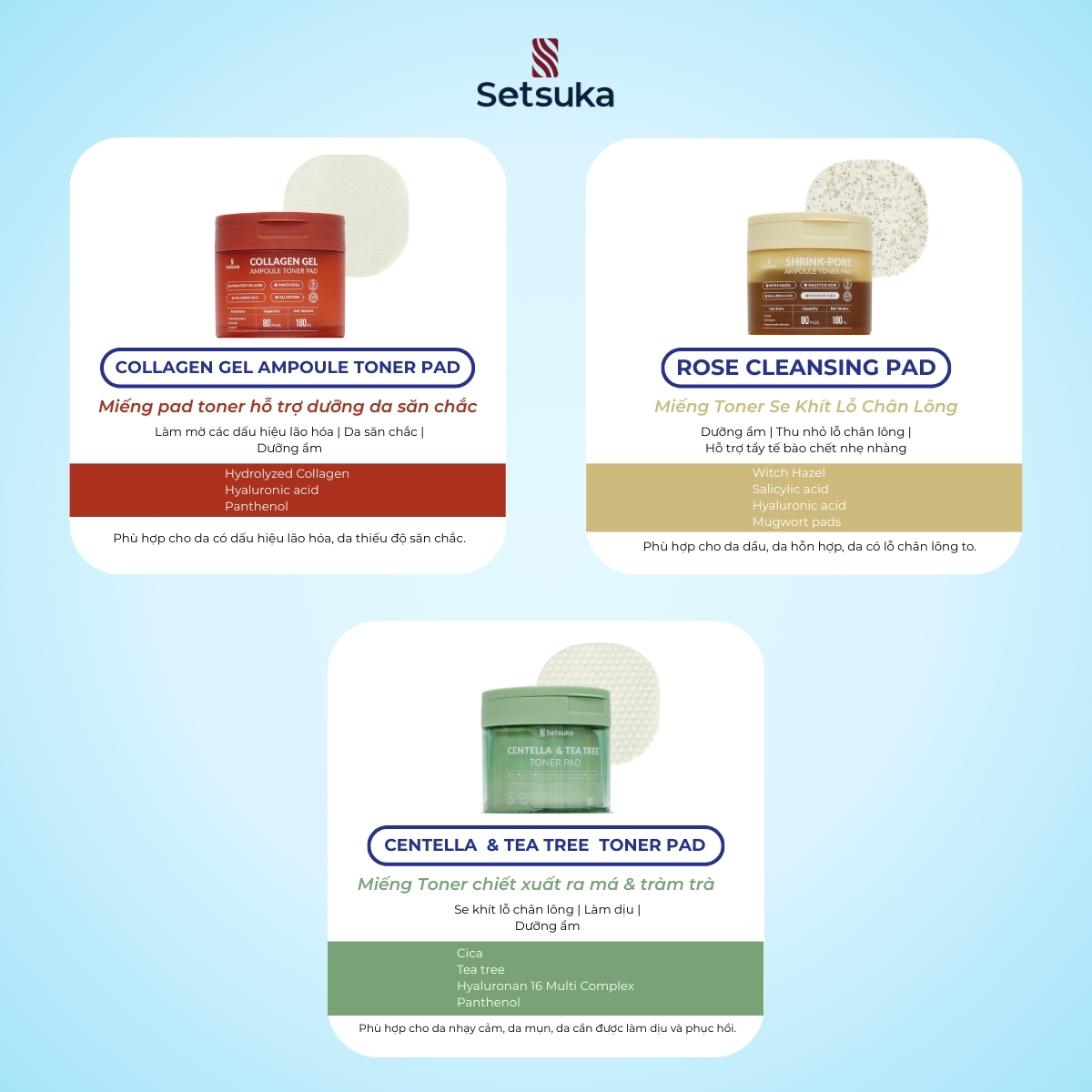 Toner Pad và Cleansing Pad Setsuka làm sạch và dưỡng da chuyên sâu, tẩy trang, dưỡng ẩm, se khít lỗ chân lông, săn chắc