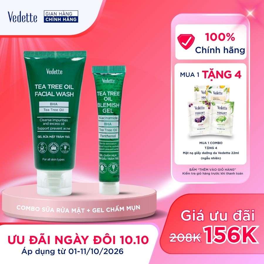COMBO 1 Sữa rửa mặt 100ml + Gel chấm mụn 18ml Tinh dầu tràm trà Vedette Sạch da Dịu da Hỗ trợ ngăn ngừa mụn