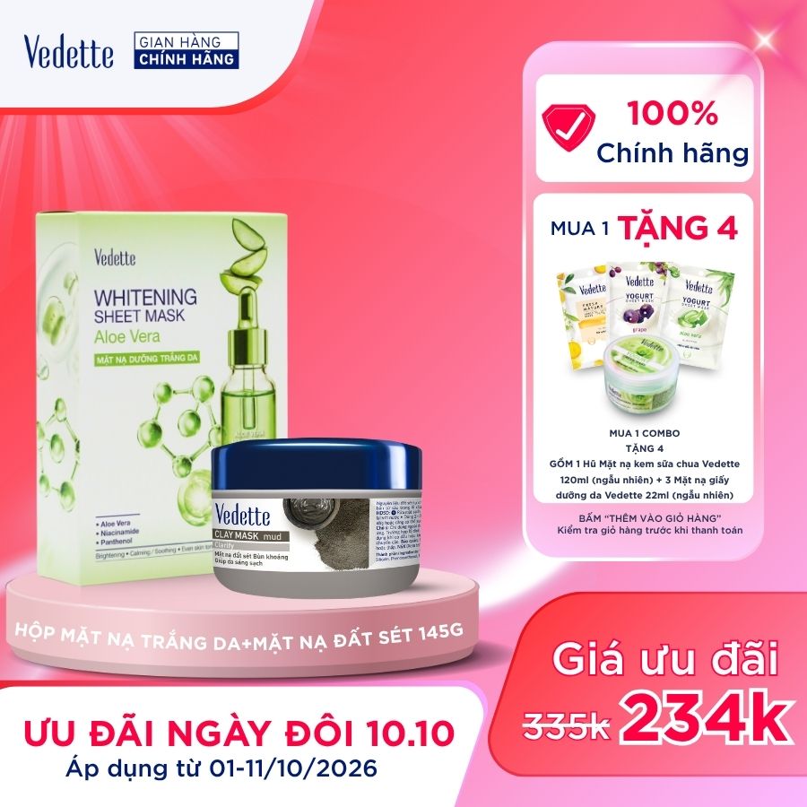 COMBO 1 Hộp 10 Mặt nạ dưỡng trắng da Vedette 22ml + 1 Mặt nạ Đất Sét 145g cho da sạch sâu, sáng mịn, đều màu.