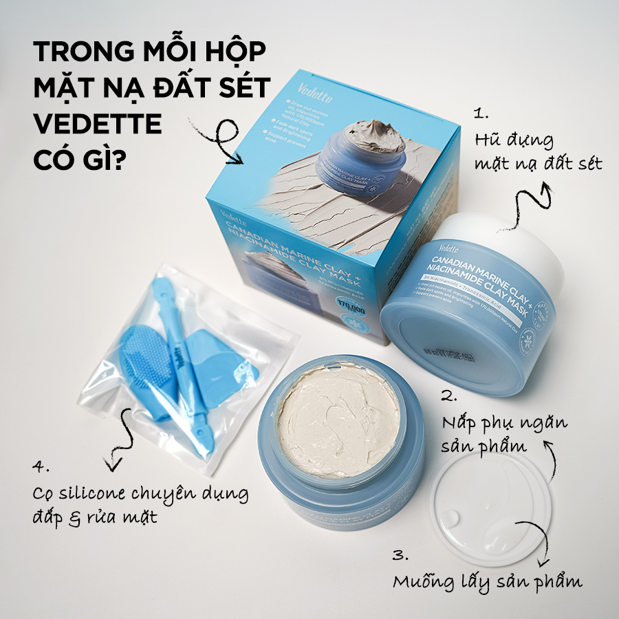 Mặt Nạ Đất Sét Vedette Clay Mask 100ml – Sạch Sâu, Kiềm Dầu, Ngừa Mụn, Dưỡng Sáng & Giúp Làm Mờ Các Dấu Hiệu Lão Hóa Da