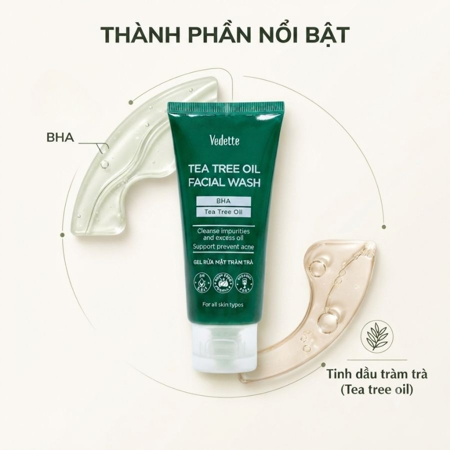 COMBO 1 Sữa rửa mặt 100ml + Gel chấm mụn 18ml Tinh dầu tràm trà Vedette Sạch da Dịu da Hỗ trợ ngăn ngừa mụn