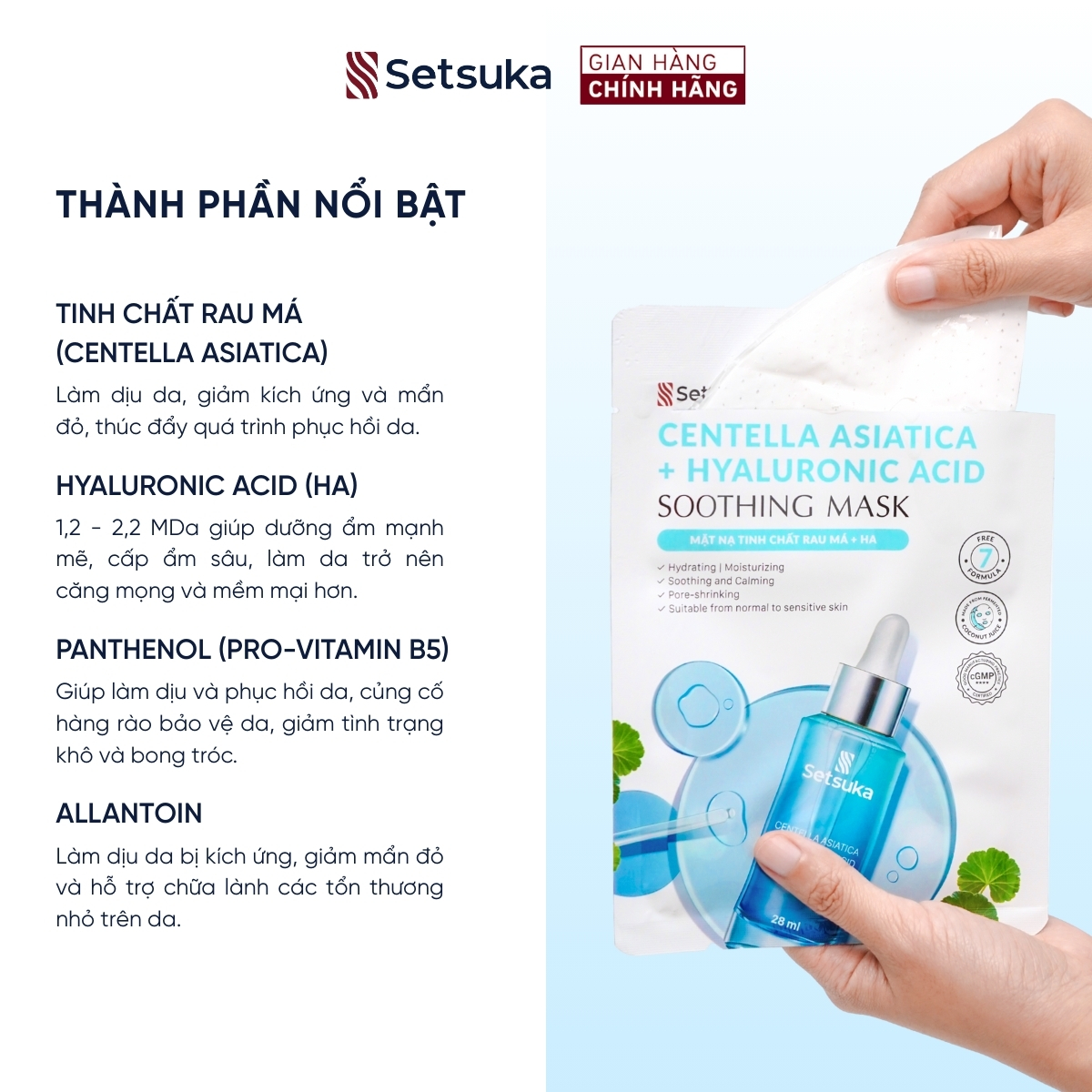 Mặt nạ thạch Hydrogel Tinh chất rau má & HA - Setsuka mask cấp ẩm, làm dịu & se khít lỗ chân lông 28ml/miếng