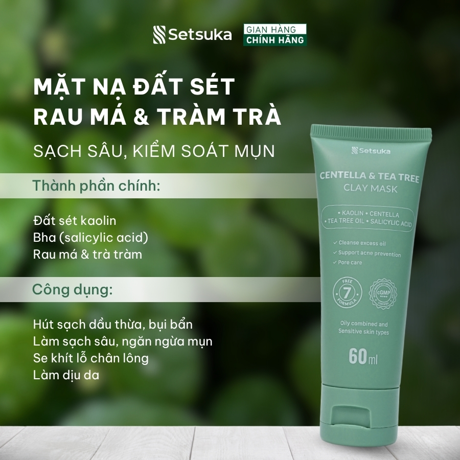 Bộ đôi Làm Sạch & Cấp Ẩm Setsuka MẶT NẠ ĐẤT SÉT + TONER PAD Rau má & Tràm trà kiểm soát dầu, ngừa mụn, cấp ẩm
