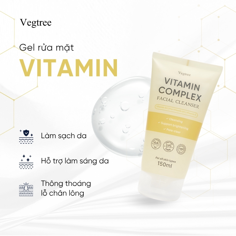 Gel rửa mặt VEGTREE làm sạch bụi bẩn và bã nhờn, dịu nhẹ cho mọi loại da, hỗ trợ dưỡng sáng da 150ml