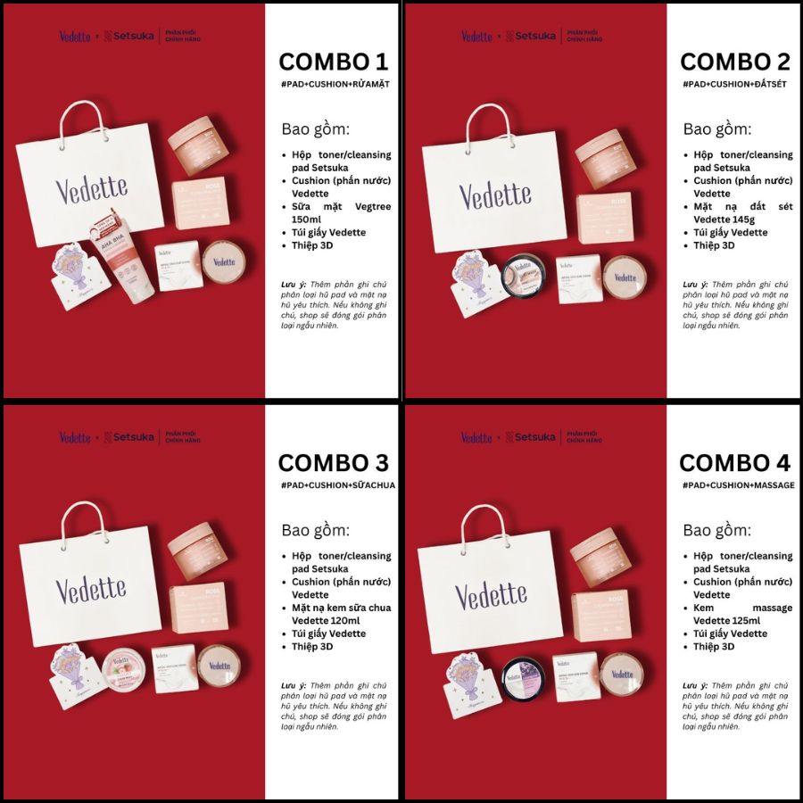 Quà tặng 20/10 COMBO QUÀ TẶNG 300K chăm sóc da mặt và trang điểm từ đa dạng thương hiệu Setsuka-Vedette-Vegtree