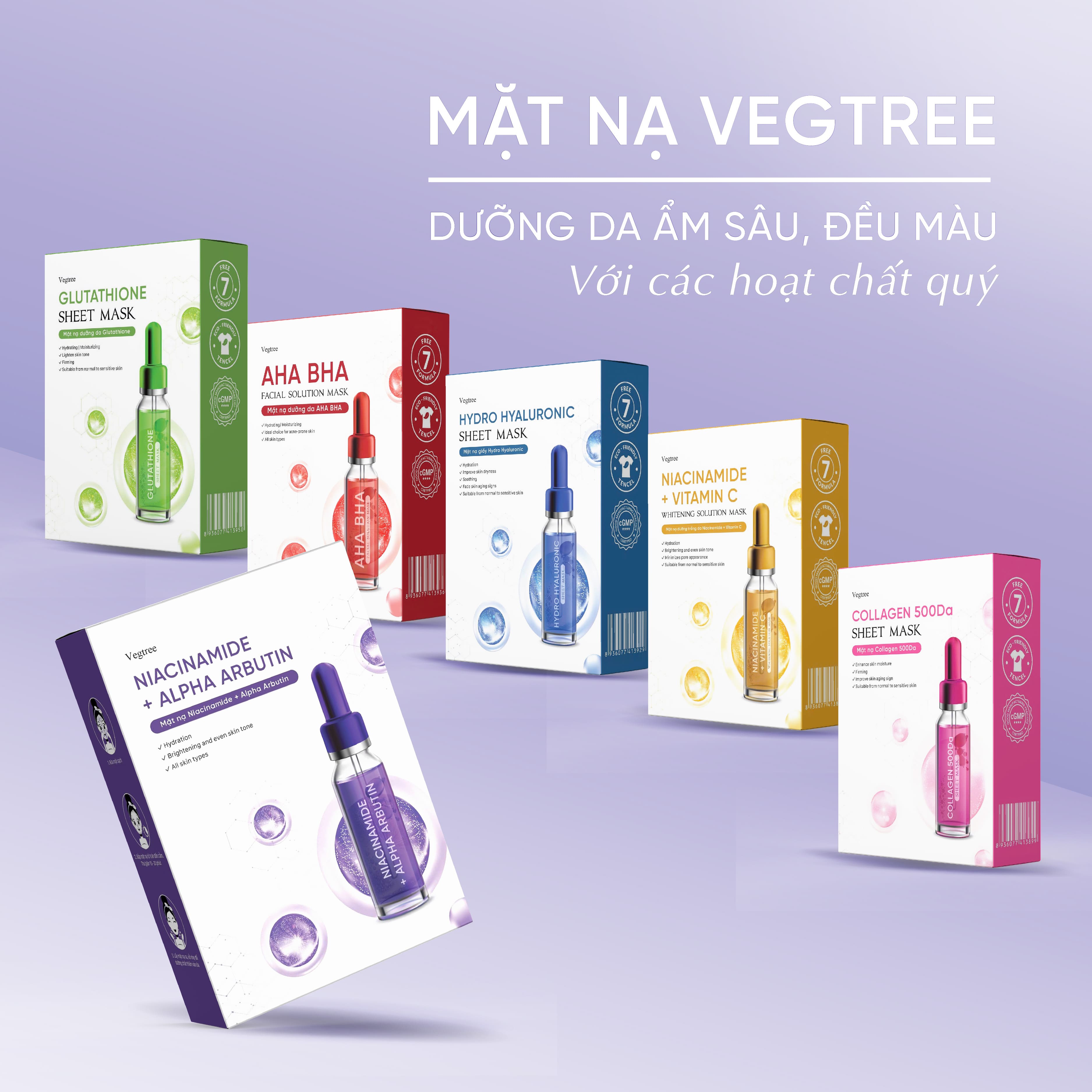 HỘP 10 MIẾNG Mặt nạ Vegtree dưỡng trắng da, đều màu da, cấp ẩm, se khít lỗ chân lông 25ml/miếng